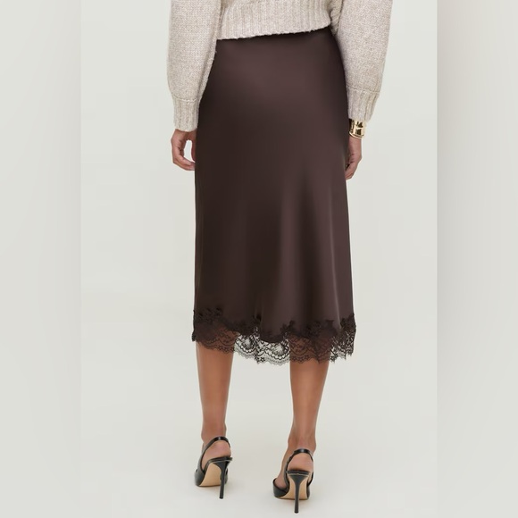 Dynamite Brown Satin Lace Trim Midi Skirt XXS NWT - Picture 2 of 6